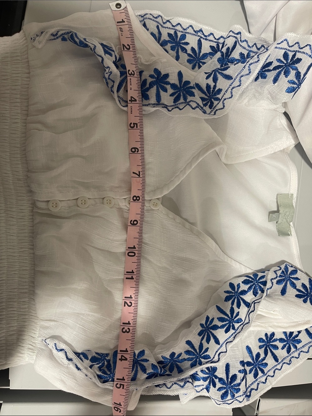 White Midi Dress with Blue Embroidered Trim - Picture 5 of 5